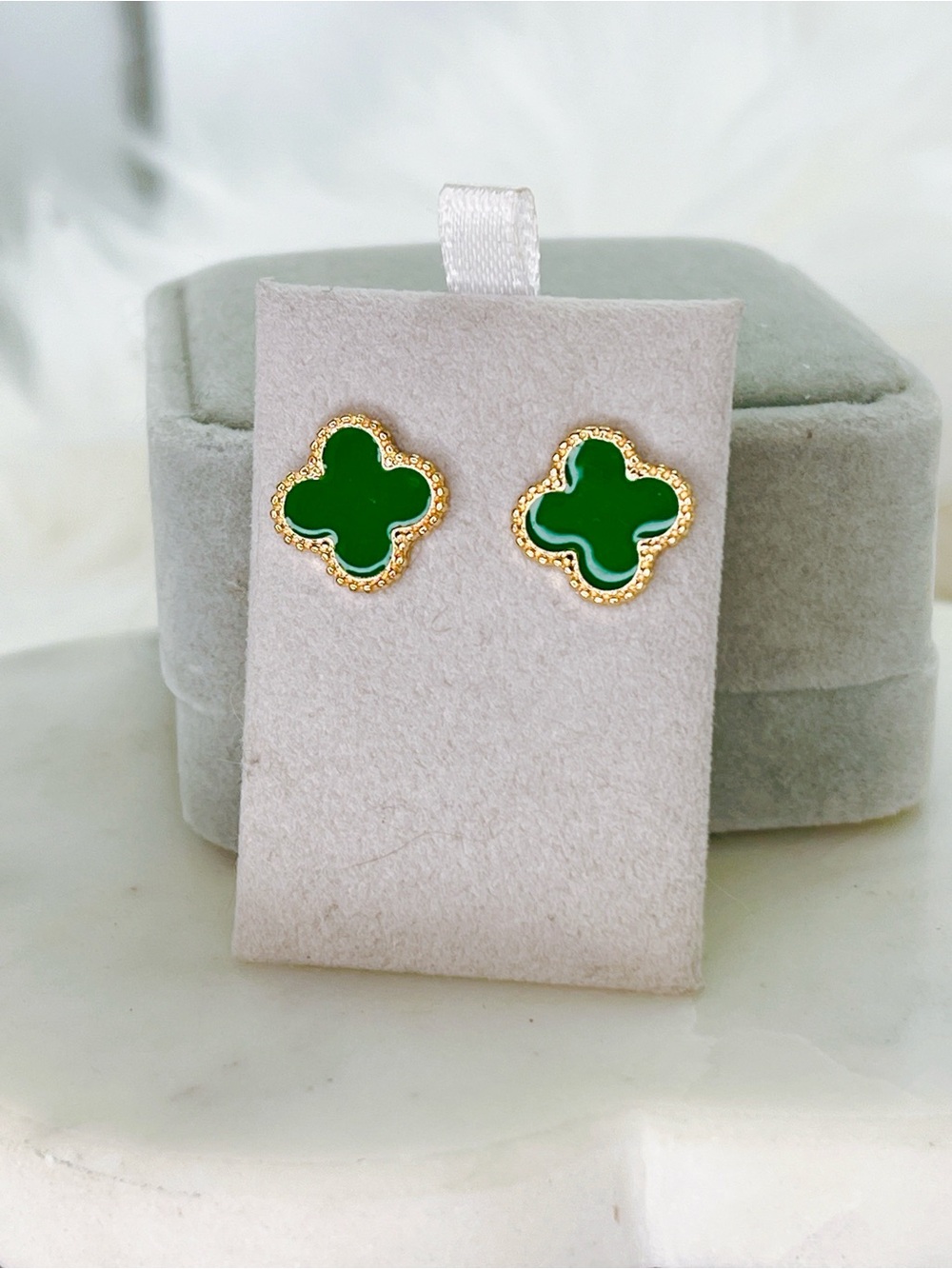 Green Clover enamel gold 1/2” stud earrings